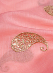 Mul Chanderi Bright Pink Color Paisley Pattern Embroidery Fabric.