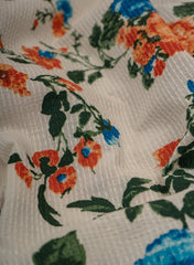 Pure Cotton Cambric Off-White Color Orange Floral Pattern Katha Work Fabric.