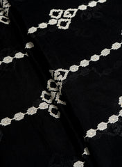 Mul Chanderi Black Color Ikat Pattern Thread Embroidery Fabric.