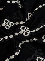 Mul Chanderi Black Color Ikat Pattern Thread Embroidery Fabric.