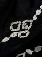 Mul Chanderi Black Color Ikat Pattern Thread Embroidery Fabric.