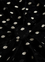 Mul Chanderi Black Color Ikat Pattern Thread Butti Embroidery Fabric.