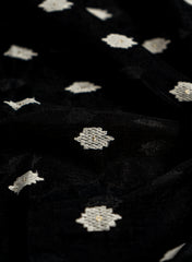 Mul Chanderi Black Color Ikat Pattern Thread Butti Embroidery Fabric.