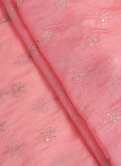 Mul Chanderi Pink Color Floral Pattern Embroidery Fabric.