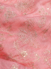 Mul Chanderi Pink Color Floral Pattern Embroidery Fabric.