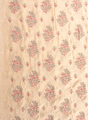 Pure Dola Silk Cream Color Floral Zari Work Embroidery Fabric.