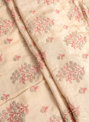 Pure Dola Silk Cream Color Floral Zari Work Embroidery Fabric.