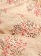 Pure Dola Silk Cream Color Floral Zari Work Embroidery Fabric.