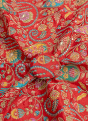 Pure Crepe Amarnathe Red Color position Pattern Sequins Embroidery fabric.