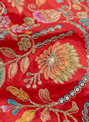 Pure Crepe Amarnathe Red Color position Pattern Sequins Embroidery fabric.