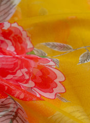 Pure Organza Mustad Yellow Color Floral Digital Print  Fabric