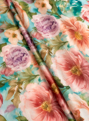 Linen Satin Multi Color Floral Pattern Digital Print Fabric.