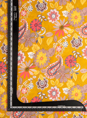 Linen Satin Mustard Yellow Color Floral Pattern Digital Print Fabric.