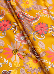 Linen Satin Mustard Yellow Color Floral Pattern Digital Print Fabric.
