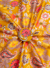 Linen Satin Mustard Yellow Color Floral Pattern Digital Print Fabric.