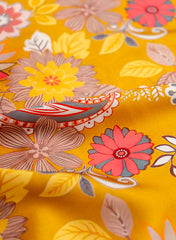 Linen Satin Mustard Yellow Color Floral Pattern Digital Print Fabric.