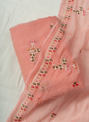 Premium Mul Chanderi Peach Color Top And Dupatta Embroidery Fabric.