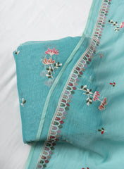 Premium Mul Chanderi Turkish Blue Color Top And Dupatta Embroidery Fabric.