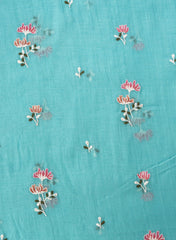 Premium Mul Chanderi Turkish Blue Color Top And Dupatta Embroidery Fabric.