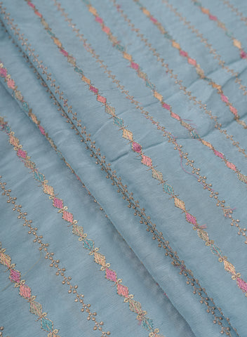 (Precut - 1.25  Meter) Pure Dola Silk Sky Blue Color Resham And Zari Work Embroidery Fabric.
