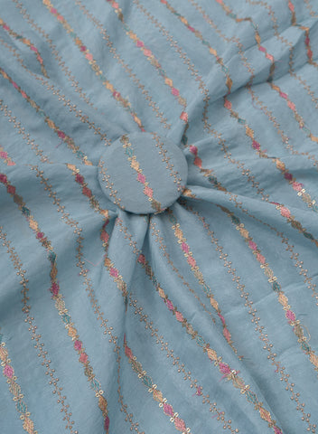 (Precut - 1.25  Meter) Pure Dola Silk Sky Blue Color Resham And Zari Work Embroidery Fabric.