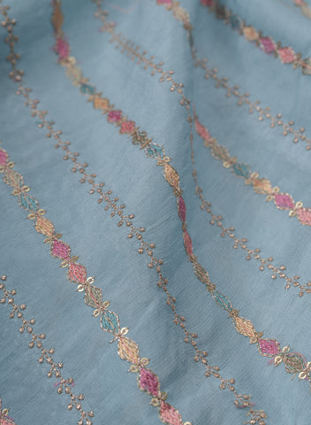 (Precut - 1.25  Meter) Pure Dola Silk Sky Blue Color Resham And Zari Work Embroidery Fabric.