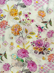 Pure Crepe Off White Color Floral Pattern Hybrid Print Fabric.