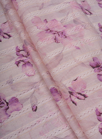(Pre Cut-1 Meter) Pure Cotton Shades Of Purple Color Jacqurad Lurex With Floral Digital Print Fabric.