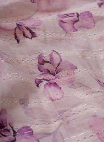 (Pre Cut-1 Meter) Pure Cotton Shades Of Purple Color Jacqurad Lurex With Floral Digital Print Fabric.