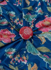Pure Muslin Navy  Blue Color Floral Digital Printed Fabric with Kupi Work