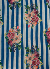 Pure Muslin Blue Color Thick Stripes Digital Printed Fabric with Kupi Work