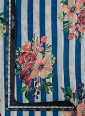 Pure Muslin Blue Color Thick Stripes Digital Printed Fabric with Kupi Work