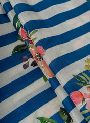 Pure Muslin Blue Color Thick Stripes Digital Printed Fabric with Kupi Work
