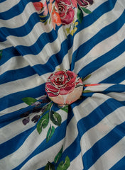 Pure Muslin Blue Color Thick Stripes Digital Printed Fabric with Kupi Work