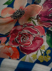 Pure Muslin Blue Color Thick Stripes Digital Printed Fabric with Kupi Work