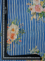 Pure Muslin Blue Color Thin Stripes Digital Printed Fabric with Kupi Work