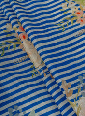 Pure Muslin Blue Color Thin Stripes Digital Printed Fabric with Kupi Work