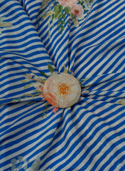 Pure Muslin Blue Color Thin Stripes Digital Printed Fabric with Kupi Work