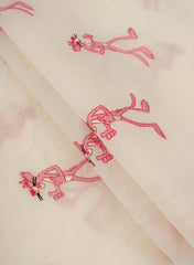 Pure Cotton Cambric Off-White Color Pink Panther Resham work Embroidery Fabric.