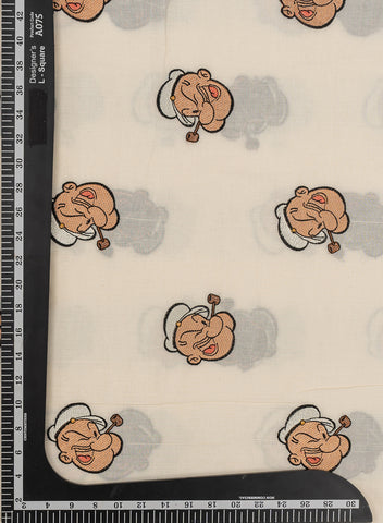 (Pre Cut-1.5 Meter)Pure Cotton Cambric Off-White Color Popeye Resham work Embroidery Fabric.