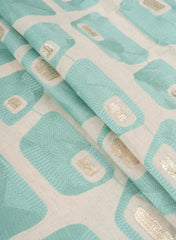 Cotton Flex Off-White Color Aqua Blue Geometrical Pattern Resham Work Embroidery Fabric.