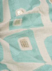 Cotton Flex Off-White Color Aqua Blue Geometrical Pattern Resham Work Embroidery Fabric.