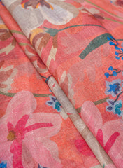 Pure Linen Shades Of Pink Color Floral Digital Print Fabric.