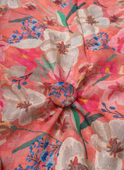 Pure Linen Shades Of Pink Color Floral Digital Print Fabric.