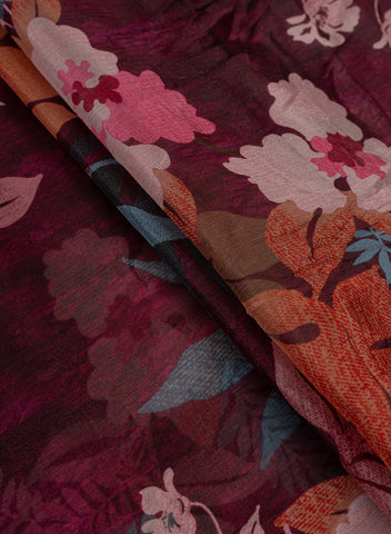 (Pre Cut-1.5 Meter) Pure Chinnon Chiffon Dark Purple Color Floral Digital Print Fabric