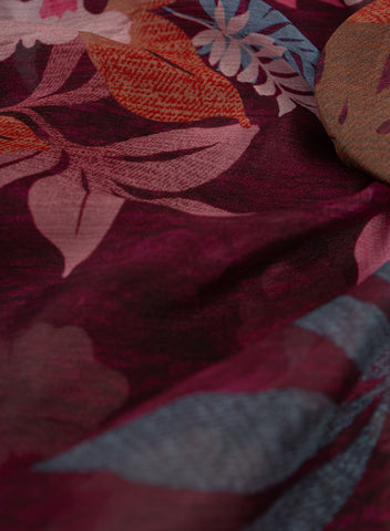 (Pre Cut-1.5 Meter) Pure Chinnon Chiffon Dark Purple Color Floral Digital Print Fabric