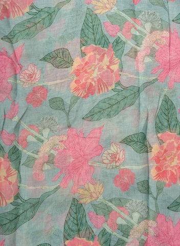 (Pre Cut-3 Meter) Pure Linen Sky Blue Color Floral Digital Print Fabric.