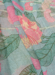 Pure Linen Sky Blue Color Floral Digital Print Fabric.