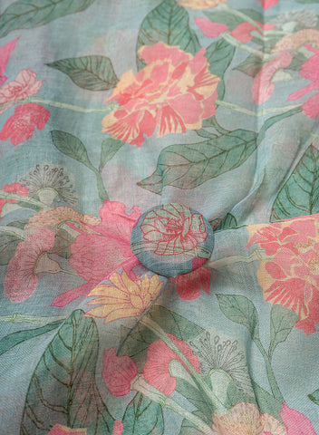 (Pre Cut-3 Meter) Pure Linen Sky Blue Color Floral Digital Print Fabric.
