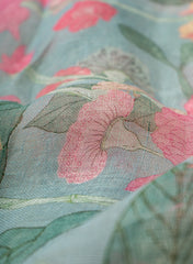 Pure Linen Sky Blue Color Floral Digital Print Fabric.